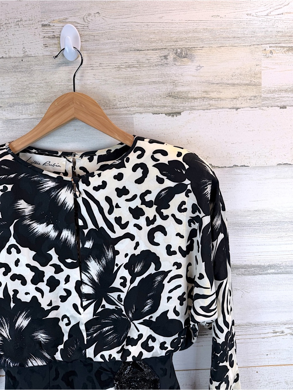 Vintage Lillie Rubin 100% Silk Cocktail Dress Black White Beaded Size 8 - Picture 9 of 14